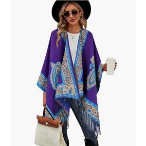 Boho Multicolor Purple Paisley Print Knit Poncho Shawl Cape‎ Pashmina Wrap